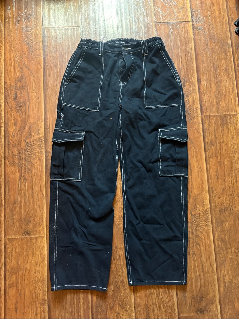 Fashion Nova Black Cargo Pants with White Contrast Stitching